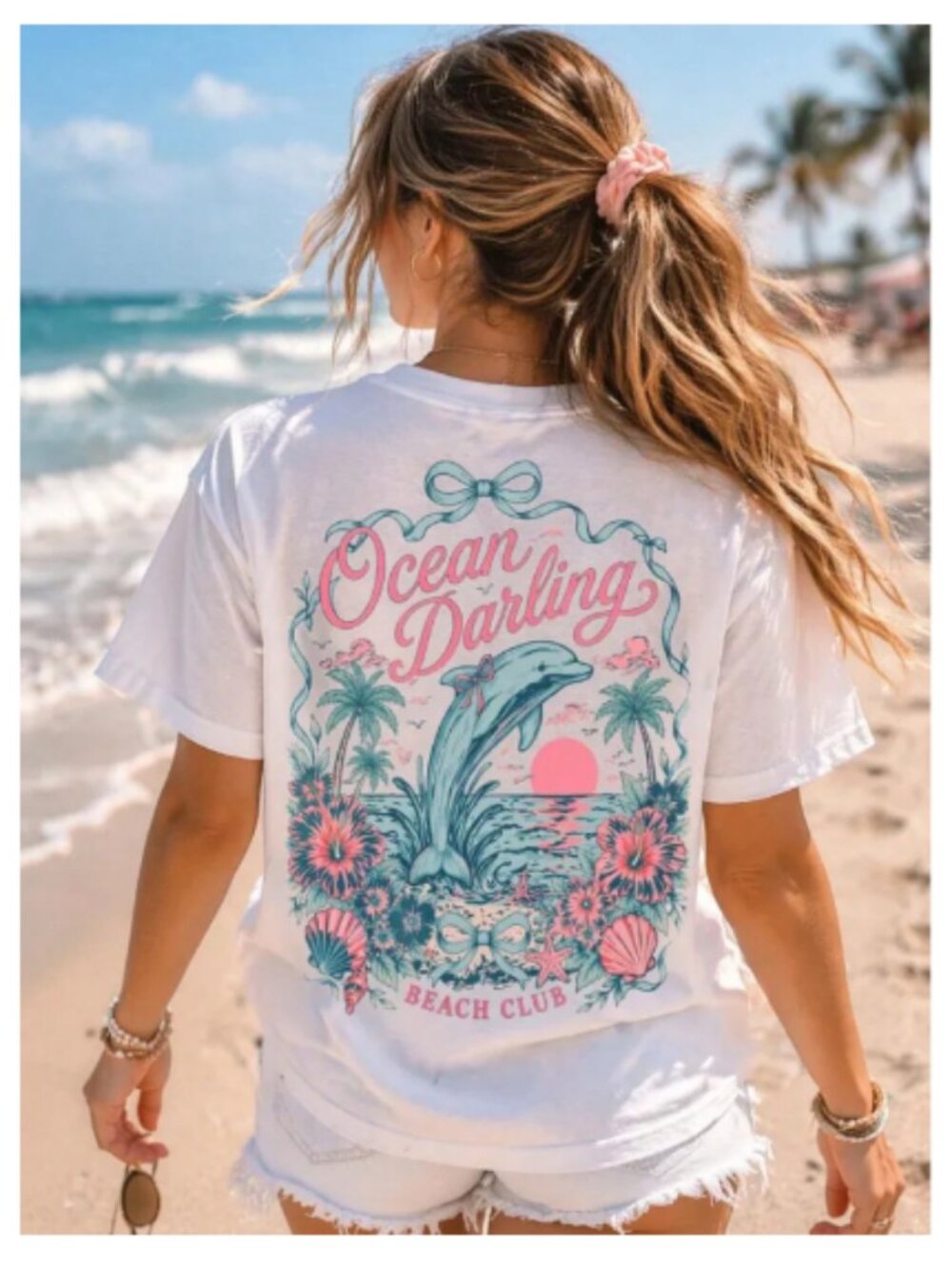 Women’s Ocean Darling Beach Club Dolphin Graphic T-Shirt Coastal Tee - Small